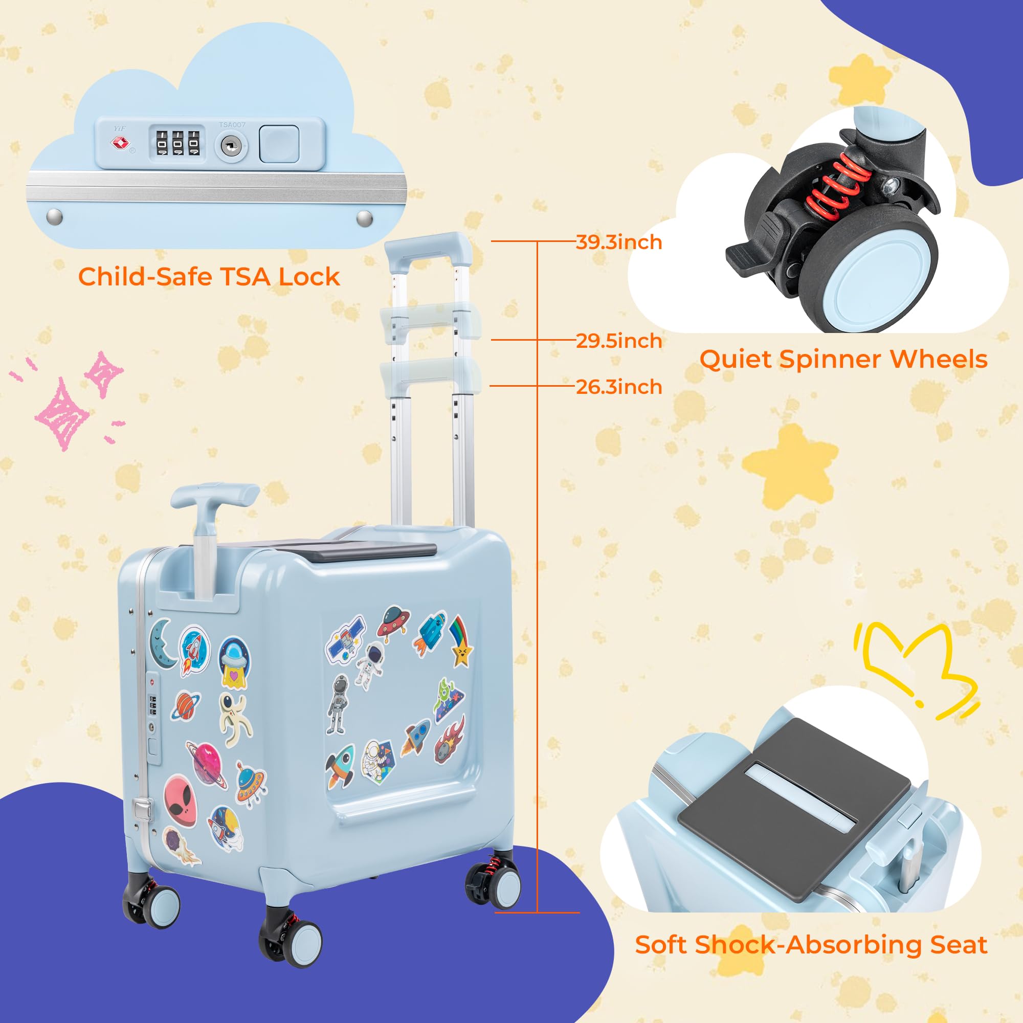 20" Kids Ride-On Carry-On Suitcase with Detachable Seat & TSA Lock