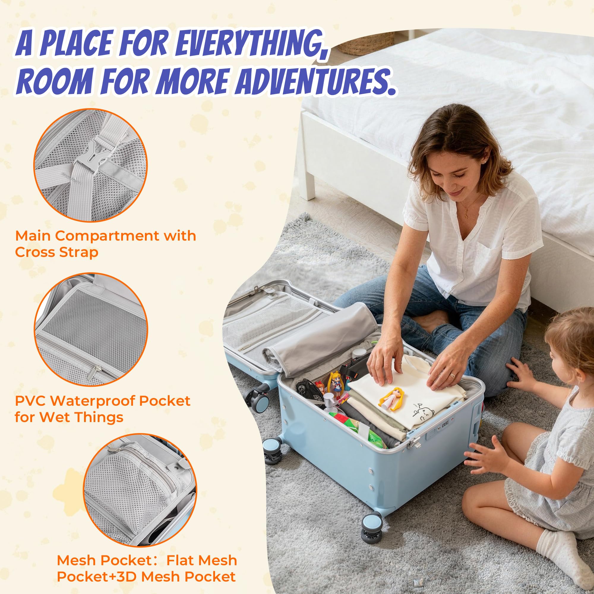 20" Kids Ride-On Carry-On Suitcase with Detachable Seat & TSA Lock